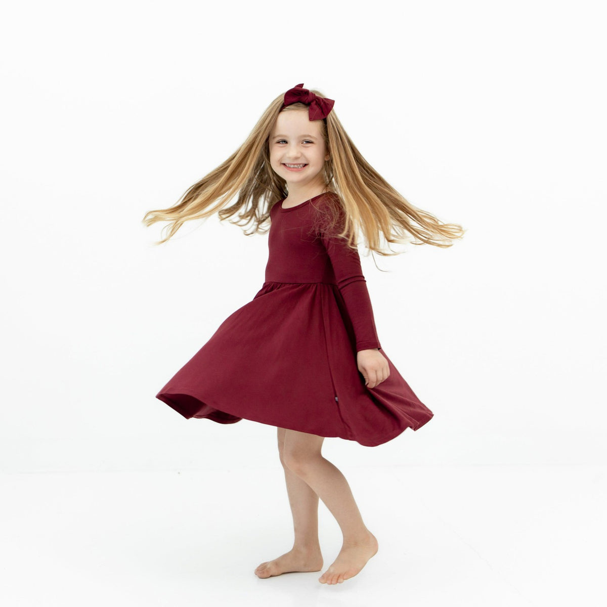 Long Sleeve Twirl Dress in Burgundy | Kyte Baby