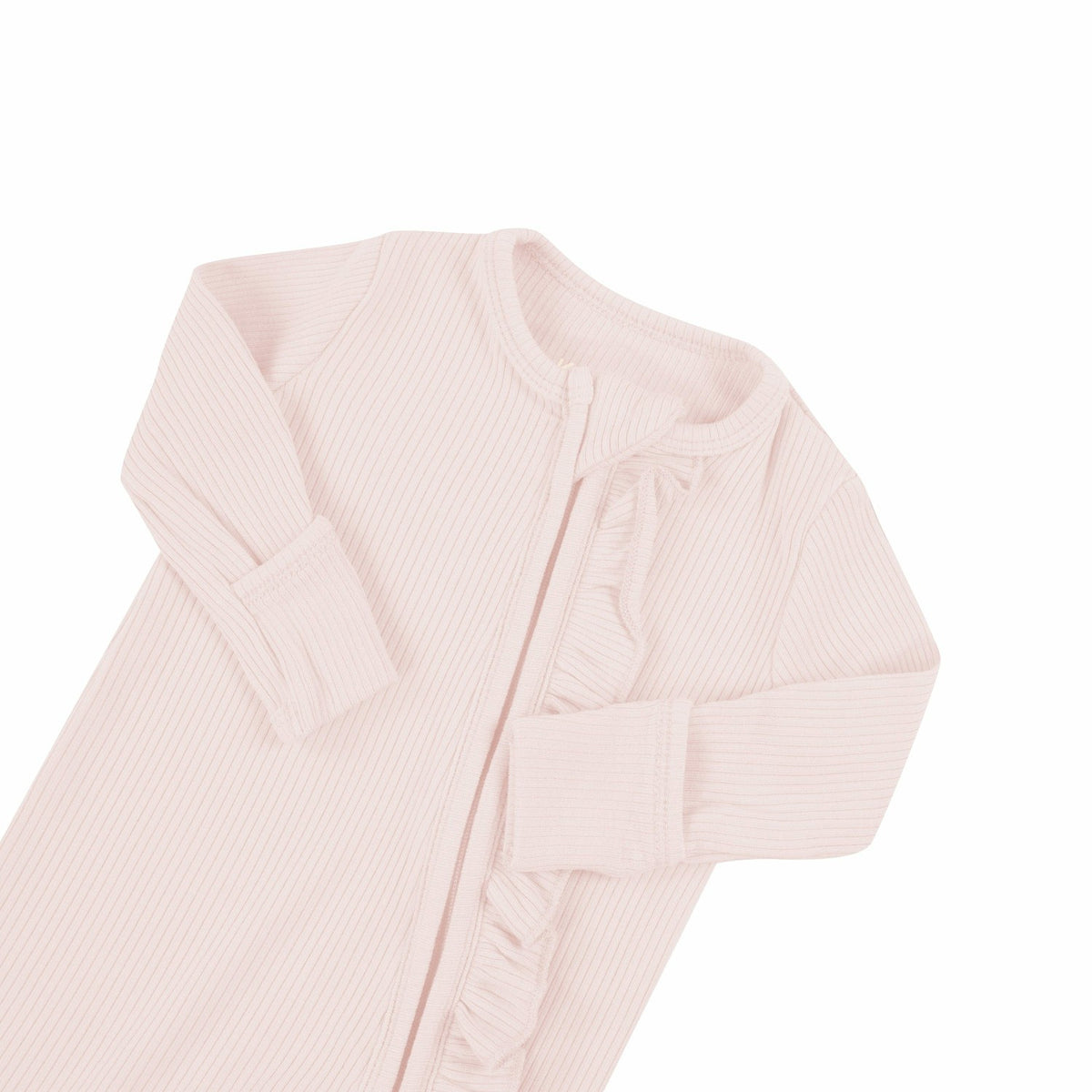 Ribbed Ruffle Bamboo Zipper Footie in Blush | Kyte Baby