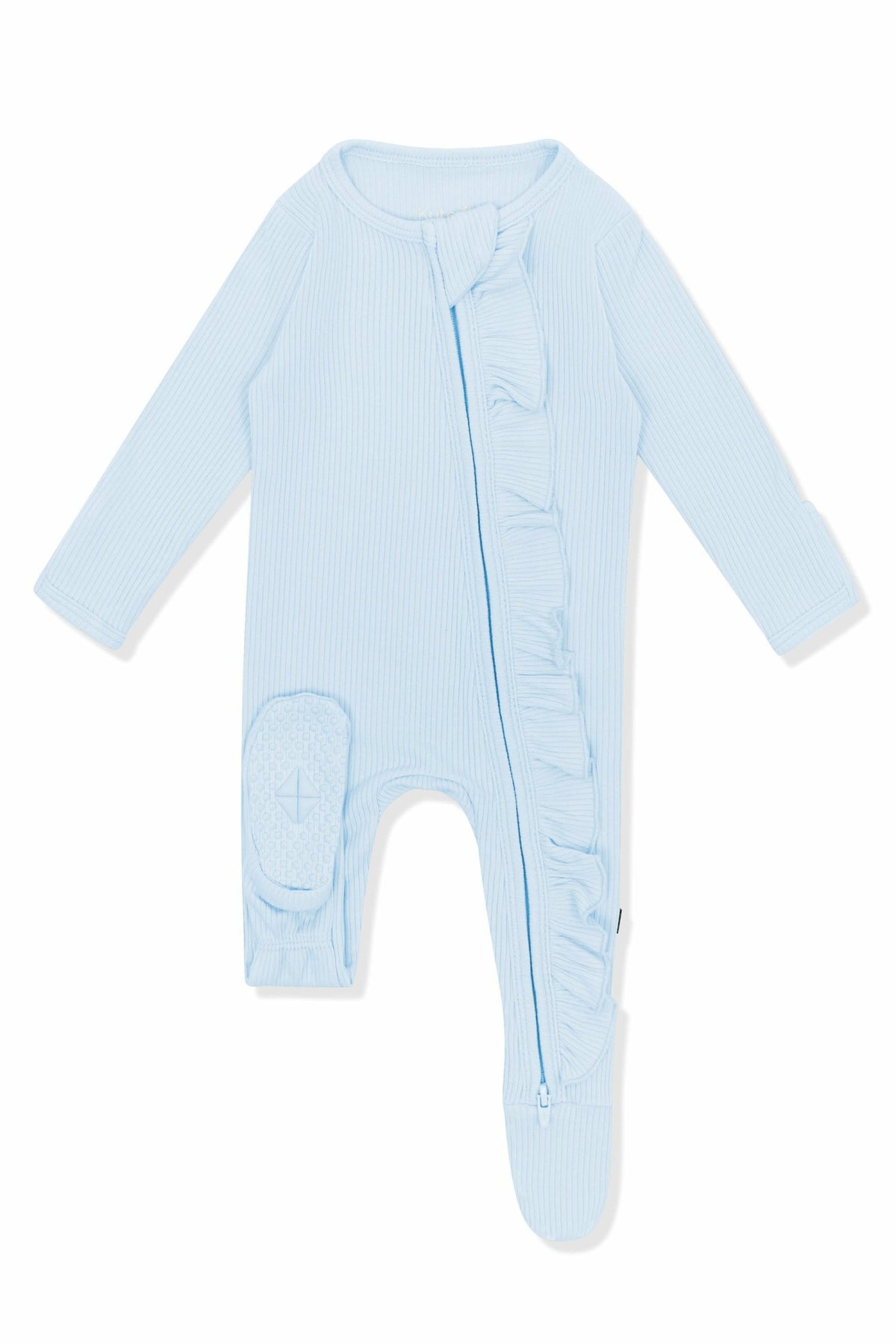 Ribbed Ruffle Zipper Footie in Breeze | Kyte Baby