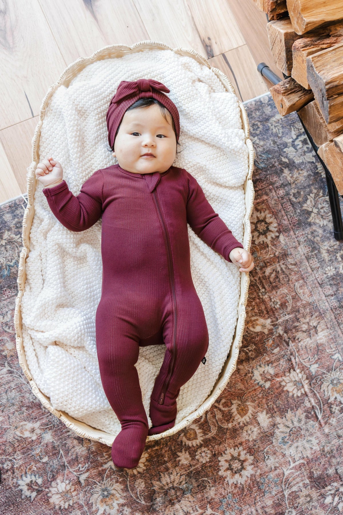 Ribbed Zipper Footie in Burgundy | Kyte Baby