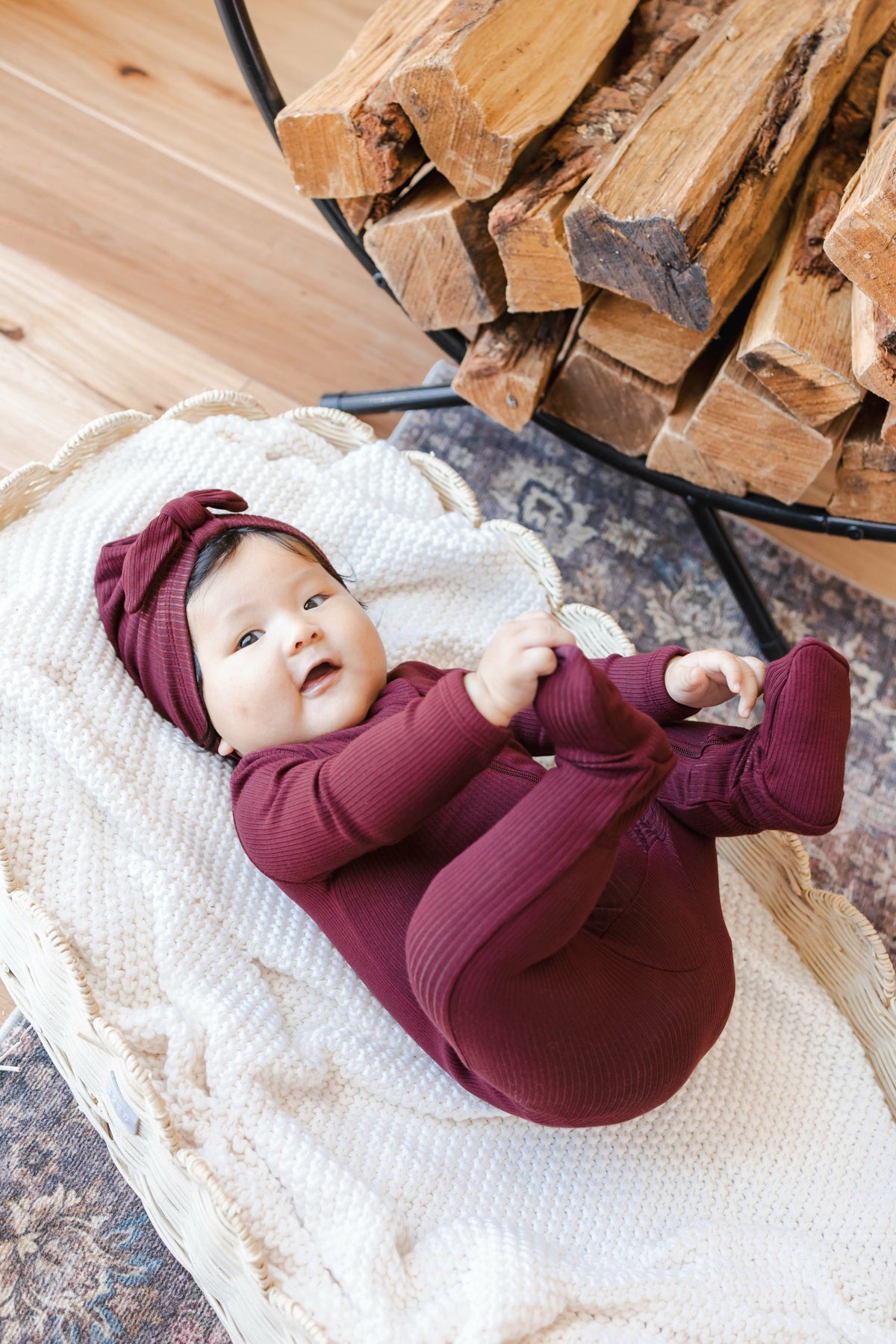 Ribbed Zipper Footie in Burgundy | Kyte Baby