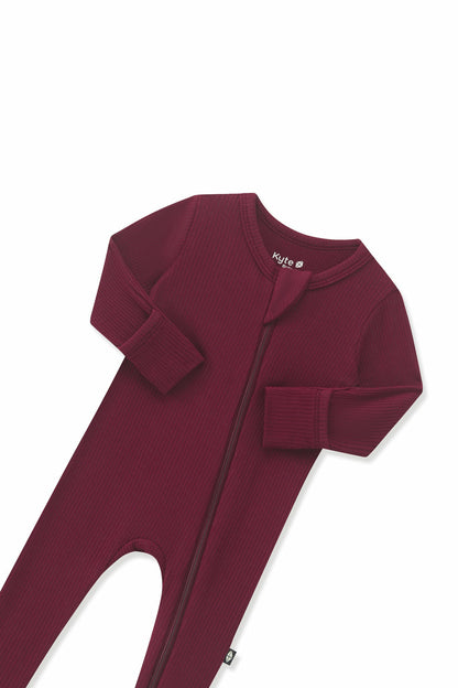 Ribbed Zipper Footie in Burgundy | Kyte Baby