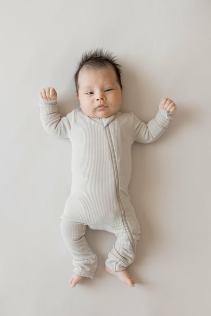 Ribbed Zipper Romper in Oat | Kyte Baby