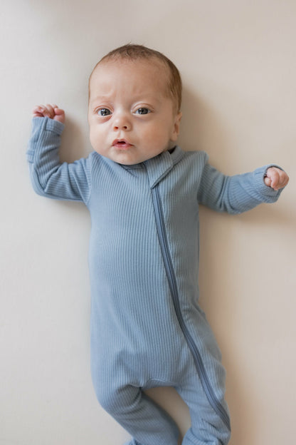 Ribbed Zipper Romper in Slate | Kyte Baby