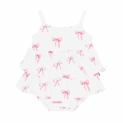 Spaghetti Strap Ruffle Romper in Bow | Kyte Baby
