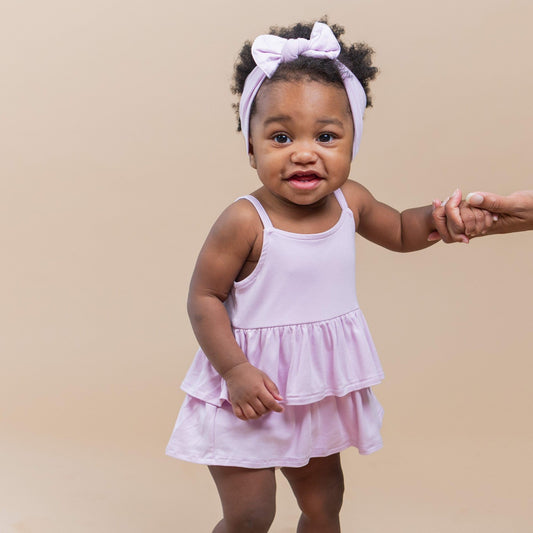 Spaghetti Strap Ruffle Romper in Thistle | Kyte Baby