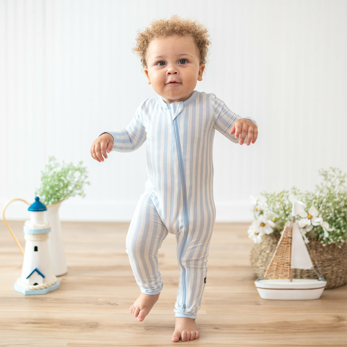 Zippered Romper in Small Mist Stripe | Kyte Baby
