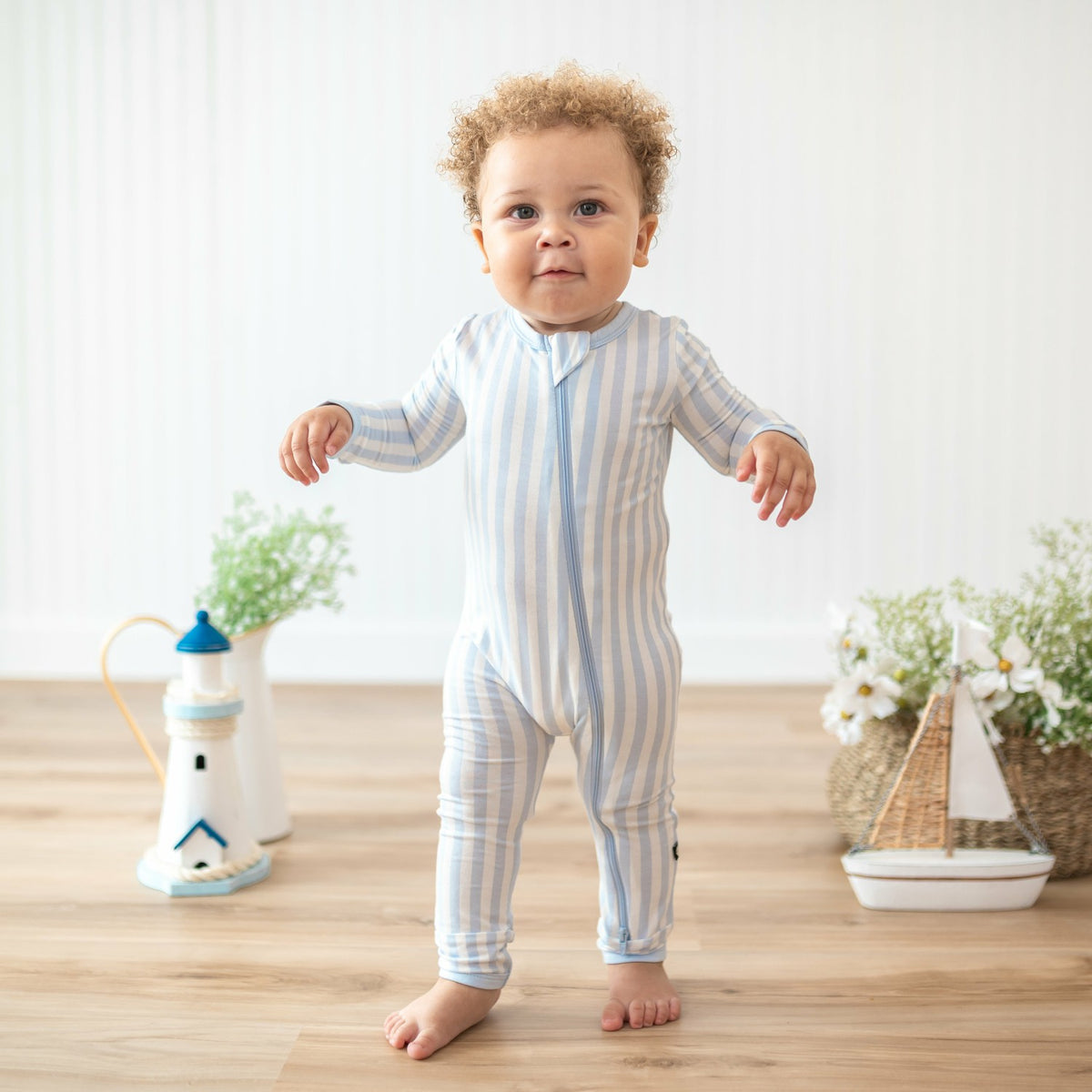 Zippered Romper in Small Mist Stripe | Kyte Baby