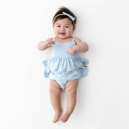 Spaghetti Strap Ruffle Romper in Breeze | Kyte Baby