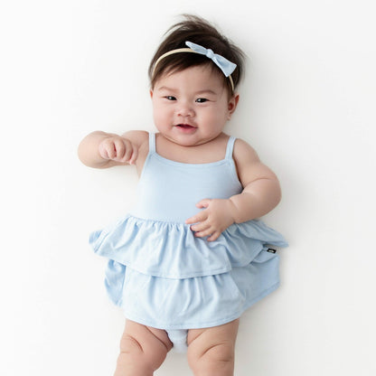 Spaghetti Strap Ruffle Romper in Breeze | Kyte Baby