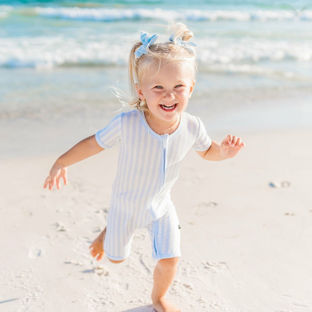 Zipper Shortall Romper in Small Mist Stripe | Kyte Baby