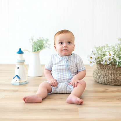 Zipper Shortall Romper in Small Mist Stripe | Kyte Baby