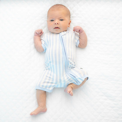 Zipper Shortall Romper in Small Mist Stripe | Kyte Baby