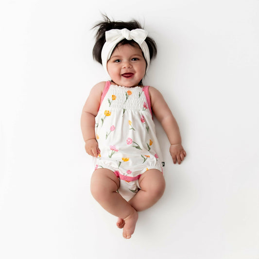 Smocked Bubble Romper in Tulip | Kyte Baby
