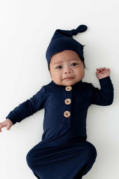 Knotted Gown with Hat Set in Navy | Kyte Baby