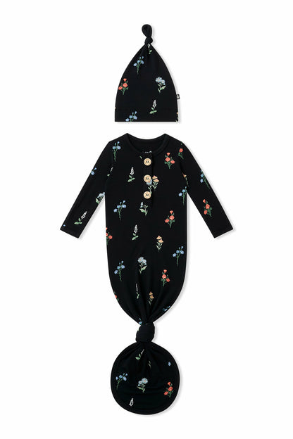 Knotted Day Gown with Hat Set in Midnight Wildflower | Kyte Baby