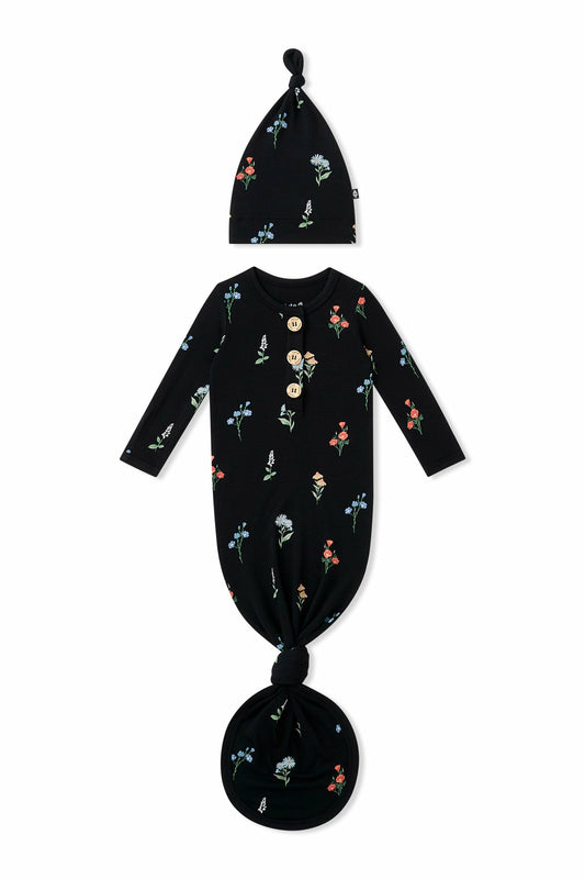 Knotted Day Gown with Hat Set in Midnight Wildflower | Kyte Baby
