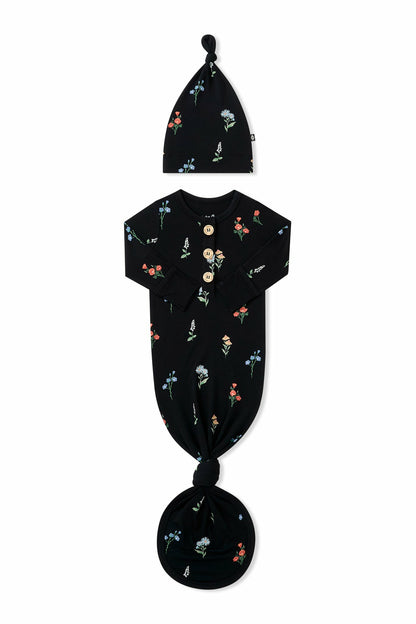 Knotted Day Gown with Hat Set in Midnight Wildflower | Kyte Baby