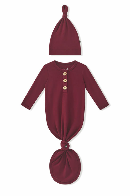 Knotted Day Gown with Hat Set in Burgundy | Kyte Baby