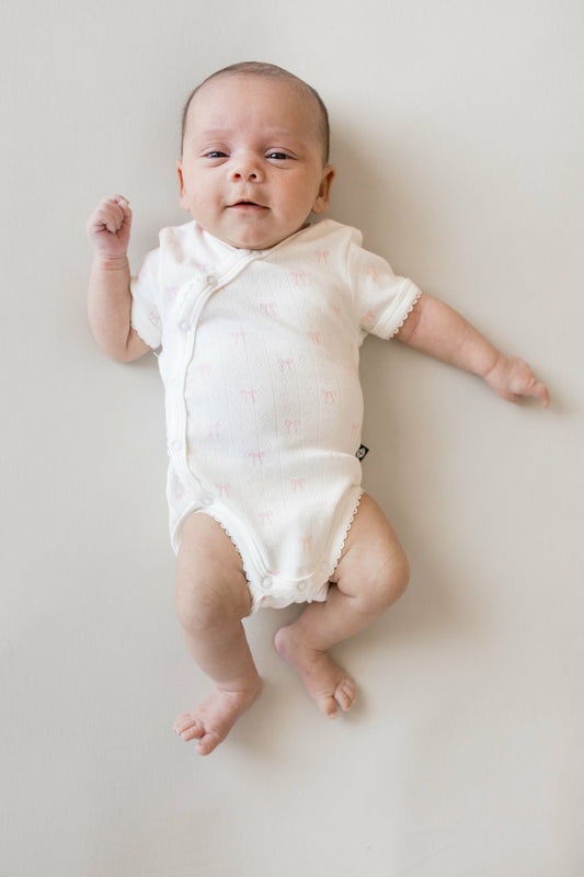 Pointelle Kimono Bodysuit in Sweet Pink Bow | Kyte Baby