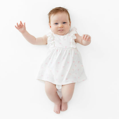 Pointelle Bodysuit Dress in Sweet Pink Bow | Kyte Baby