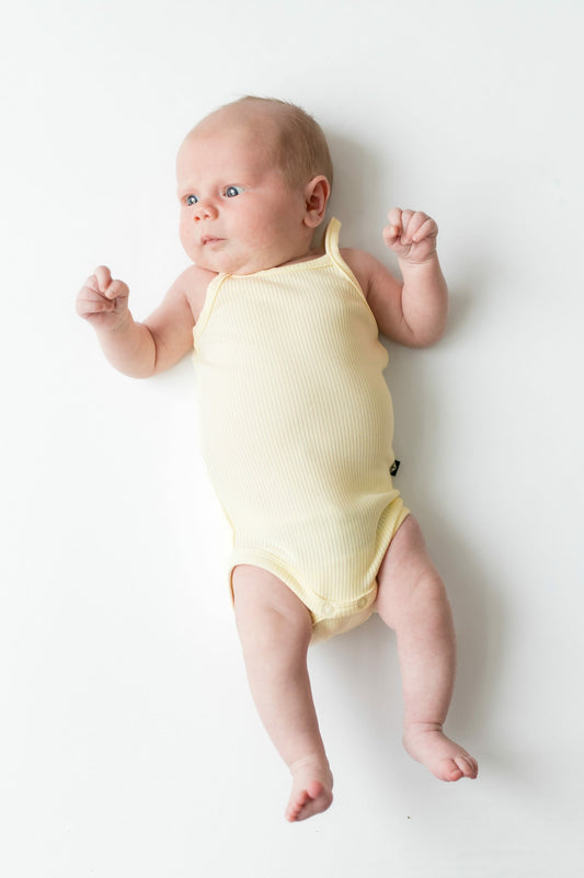 Ribbed Spaghetti Strap Bodysuit in Chamomile | Kyte Baby