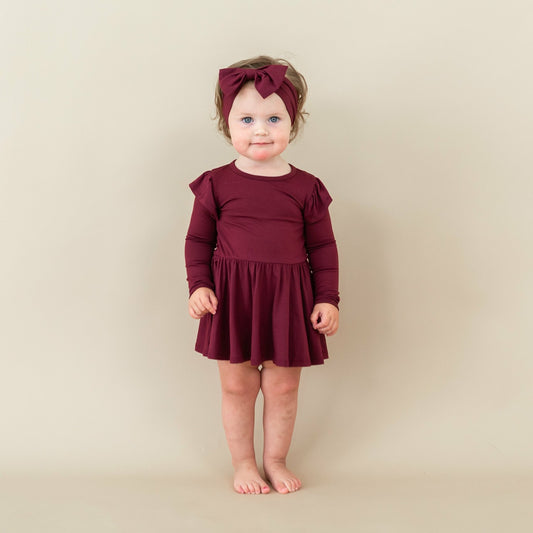 Long Sleeve Twirl Bodysuit Dress in Burgundy | Kyte Baby