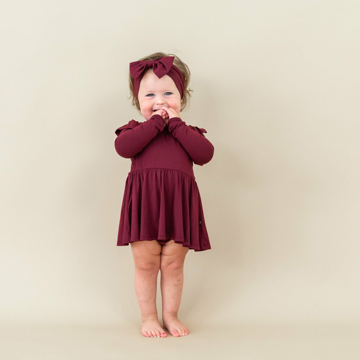 Long Sleeve Twirl Bodysuit Dress in Burgundy | Kyte Baby