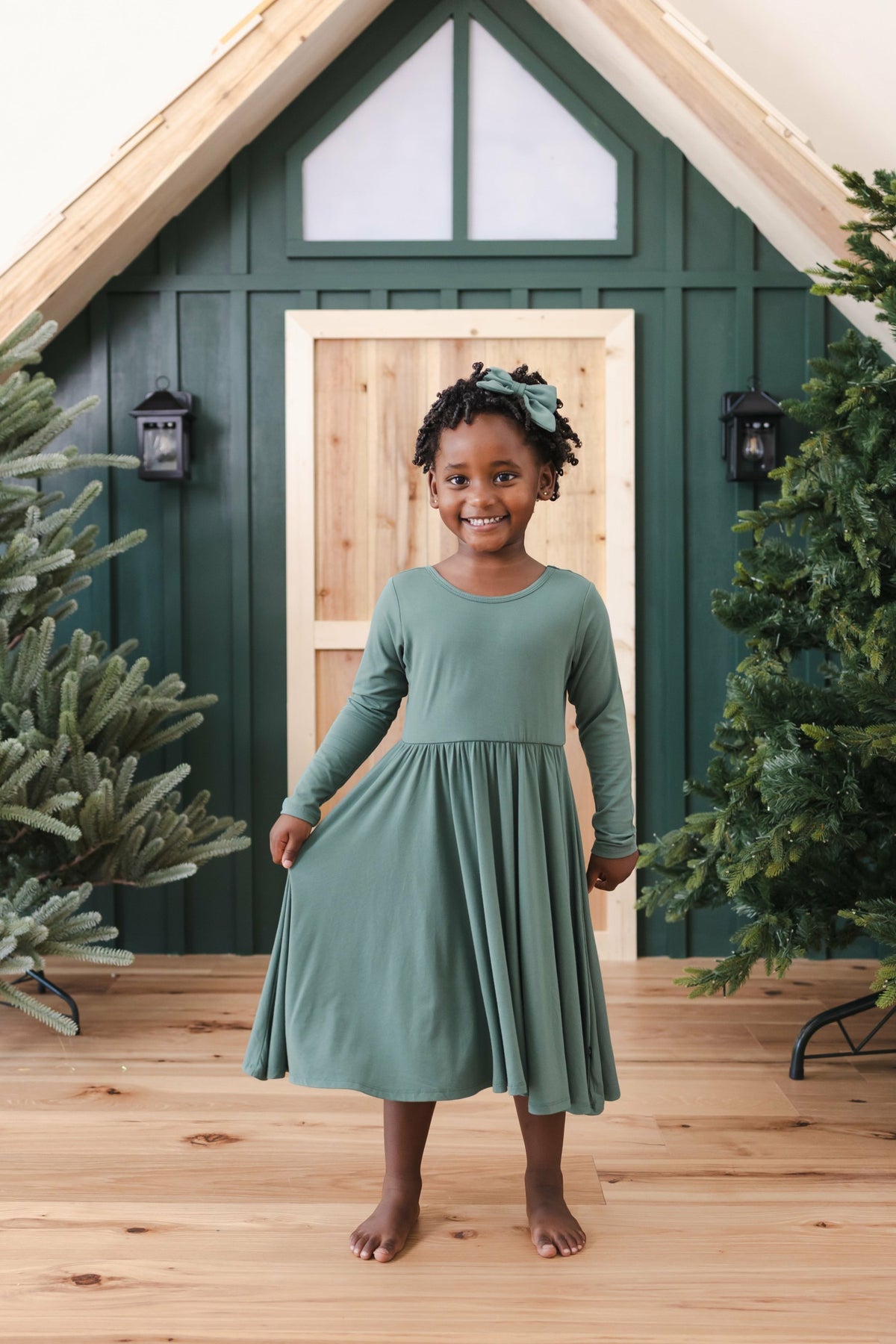 Long Sleeve Twirl Dress in Pine | Kyte Baby
