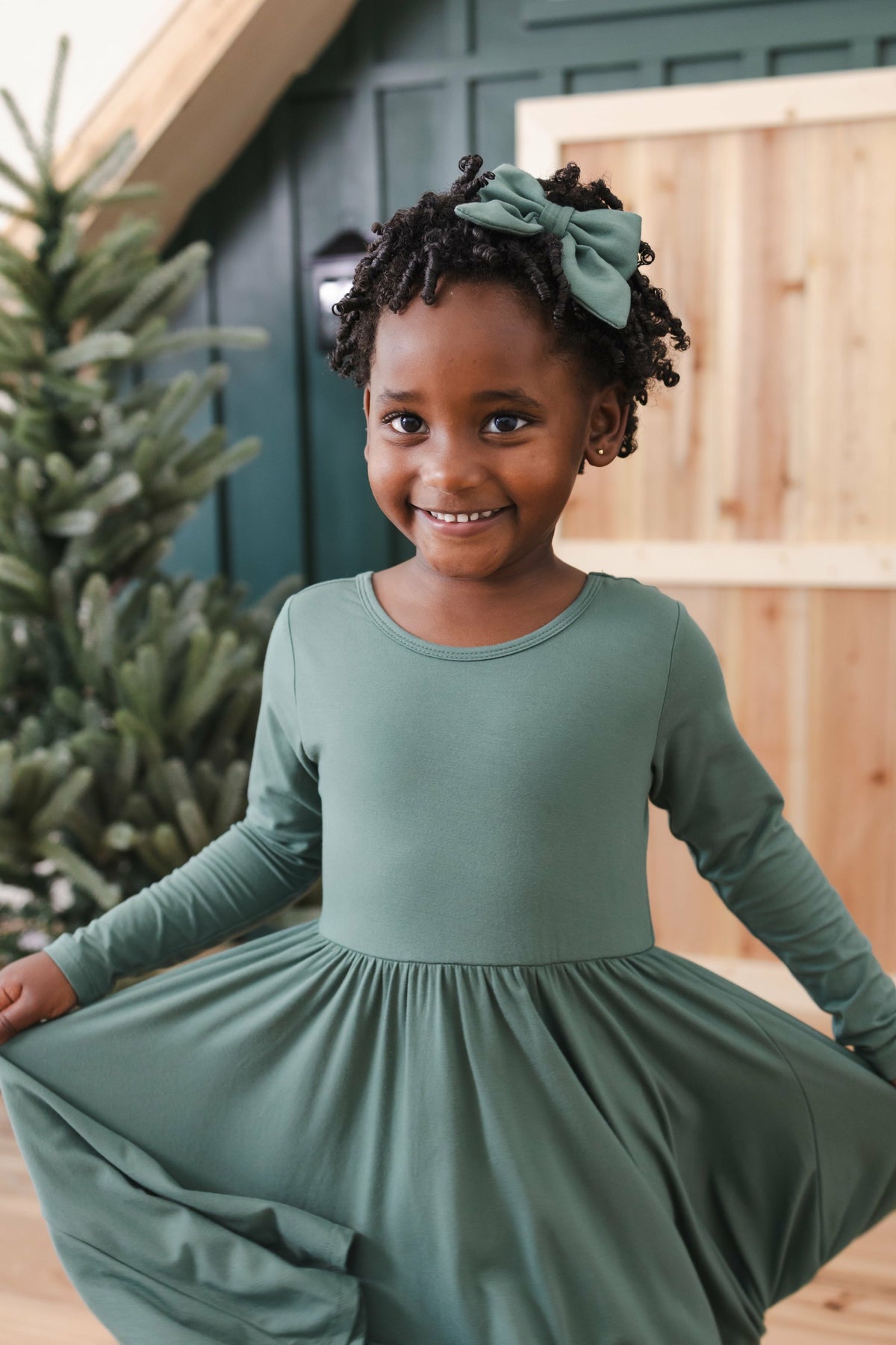 Long Sleeve Twirl Dress in Pine | Kyte Baby