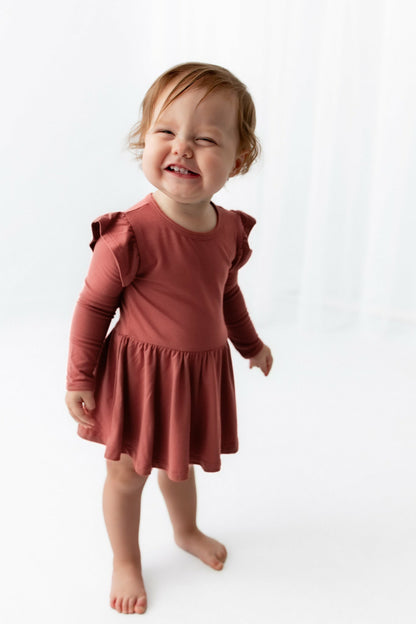 Long Sleeve Twirl Bodysuit Dress in Ember | Kyte Baby