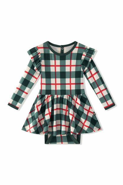 Long Sleeve Twirl Bodysuit Dress in Holiday Plaid | Kyte Baby
