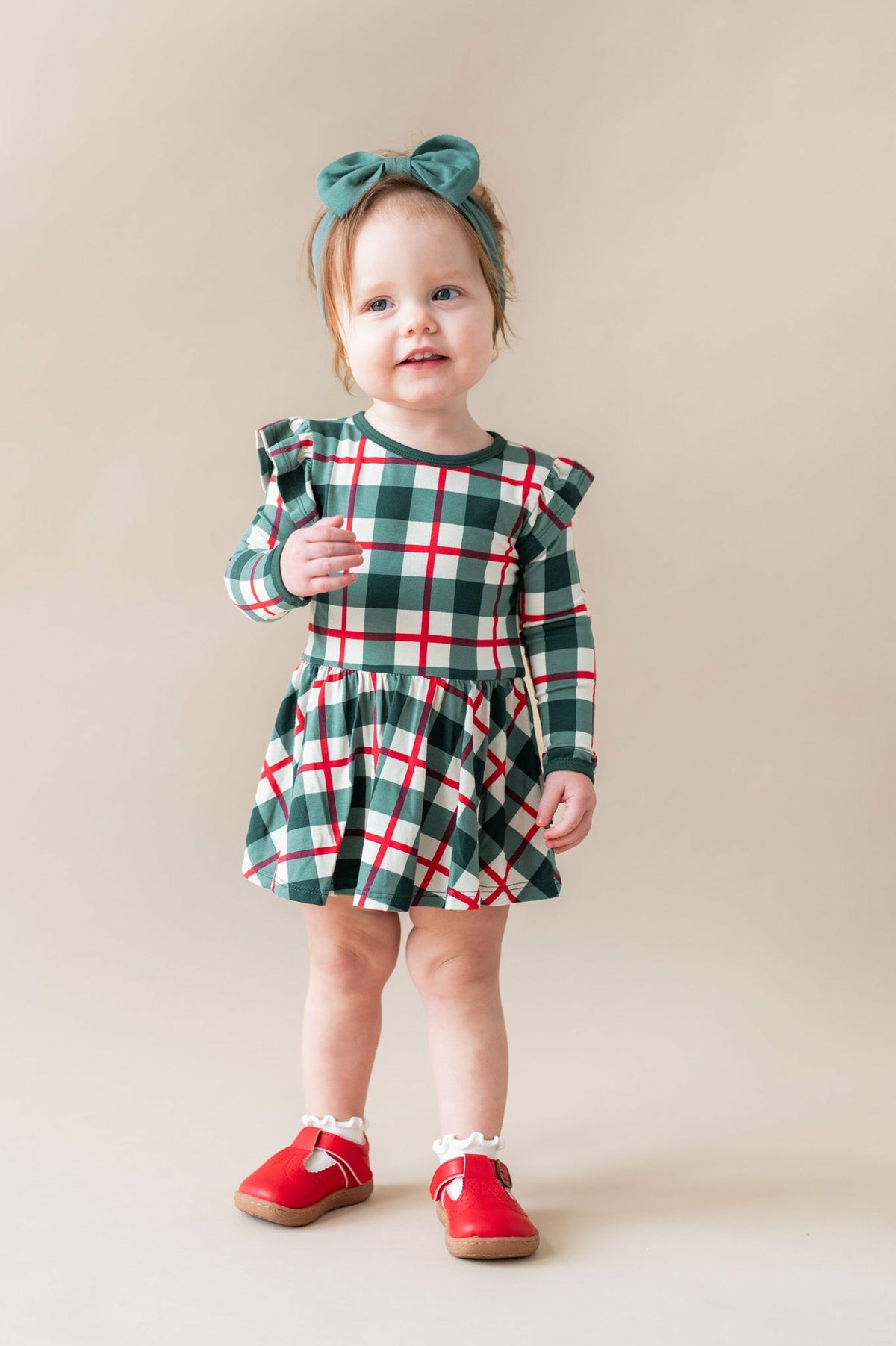 Long Sleeve Twirl Bodysuit Dress in Holiday Plaid | Kyte Baby