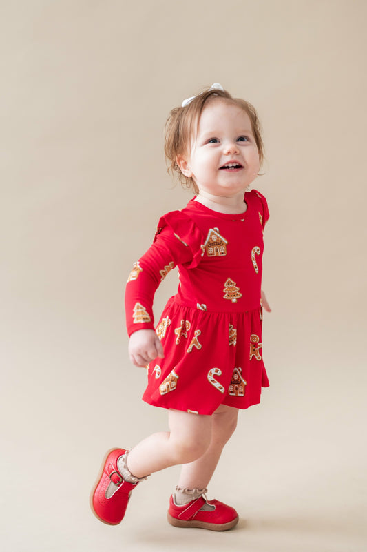 Long Sleeve Twirl Bodysuit Dress in Gingerbread | Kyte Baby