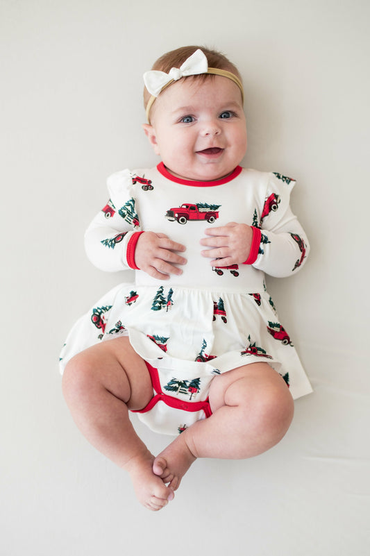 Long Sleeve Twirl Bodysuit Dress in Holiday Tree Farm | Kyte Baby