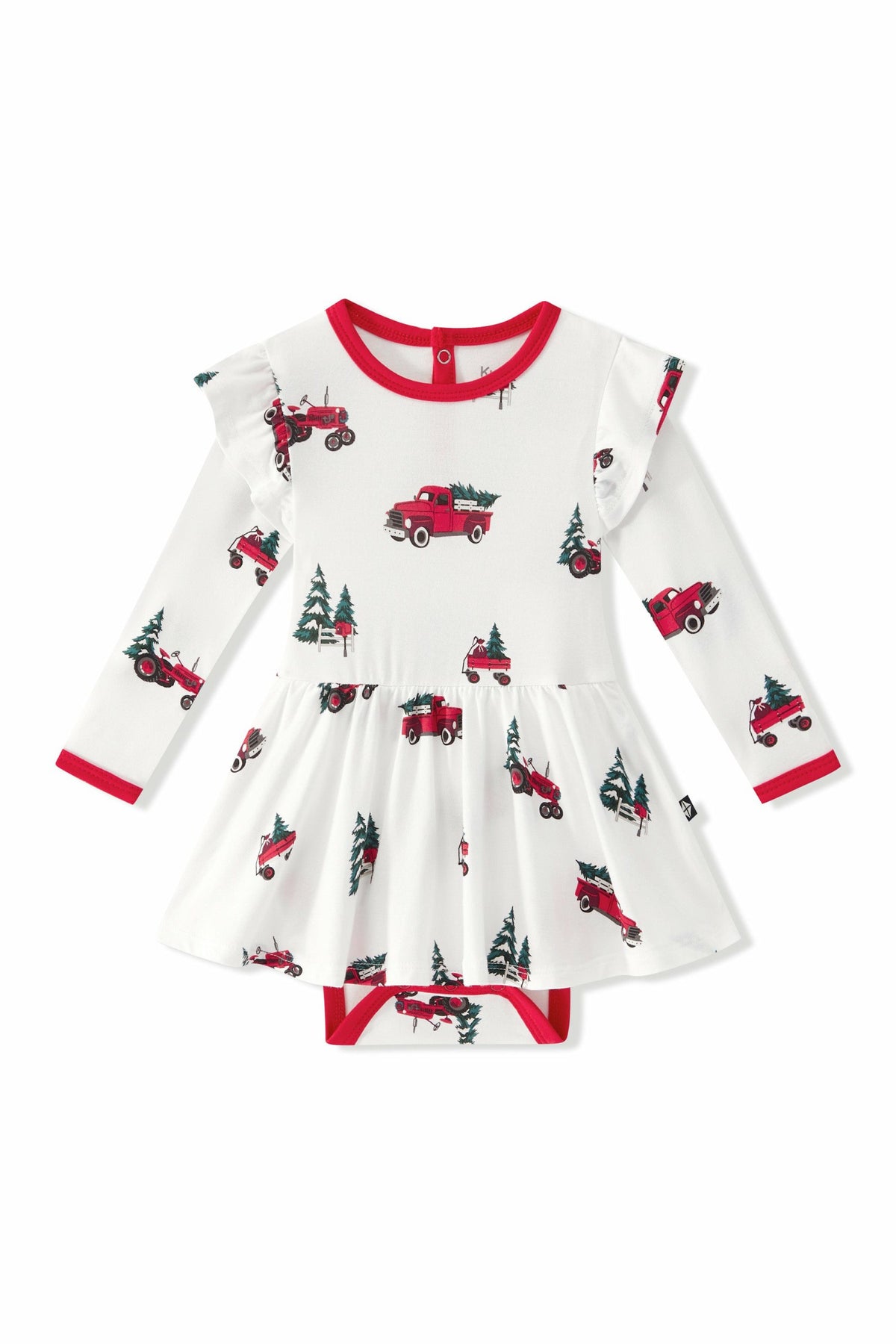Long Sleeve Twirl Bodysuit Dress in Holiday Tree Farm | Kyte Baby