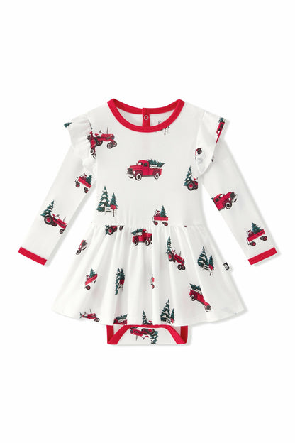 Long Sleeve Twirl Bodysuit Dress in Holiday Tree Farm | Kyte Baby