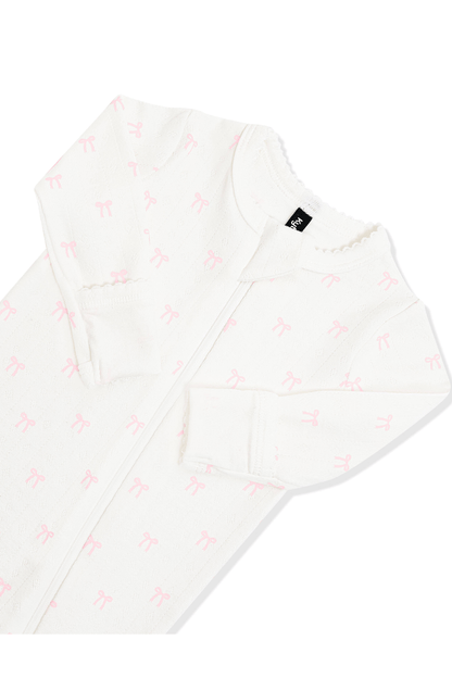 Pointelle Zippered Footie in Sweet Pink Bow | Kyte Baby