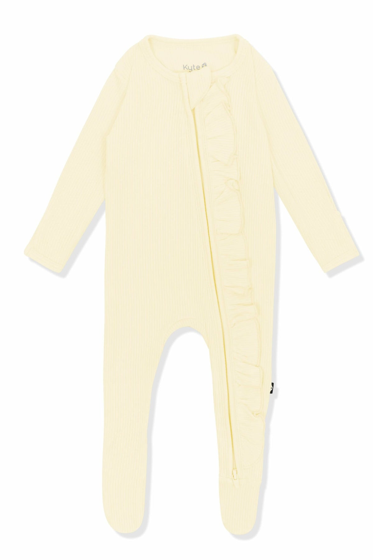 Ribbed Ruffle Zipper Footie in Chamomile | Kyte Baby