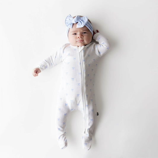 Pointelle Zippered Footie in Sweet Blue Bow | Kyte Baby