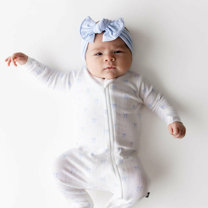 Pointelle Zippered Footie in Sweet Blue Bow | Kyte Baby