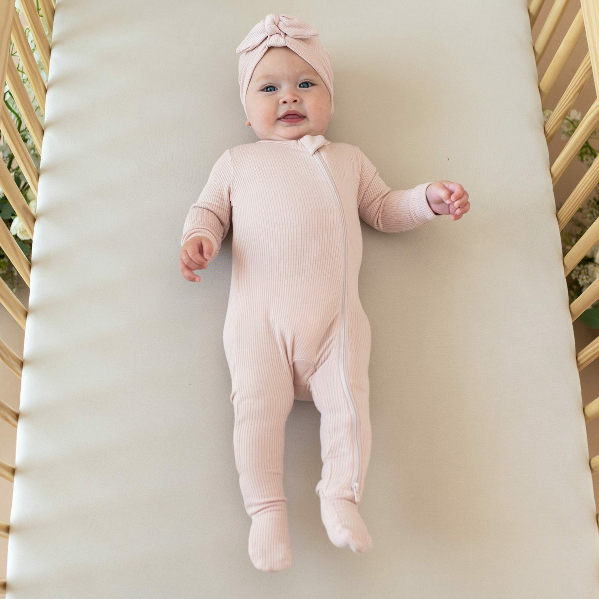 Ribbed Zipper Footie in Blush | Kyte Baby