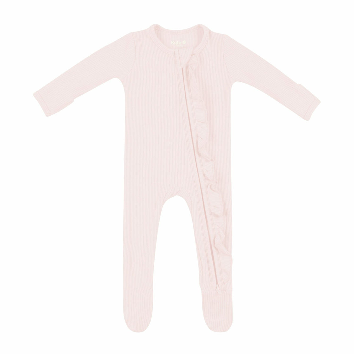 Ribbed Ruffle Bamboo Zipper Footie in Blush | Kyte Baby