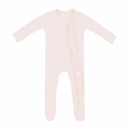 Ribbed Ruffle Bamboo Zipper Footie in Blush | Kyte Baby