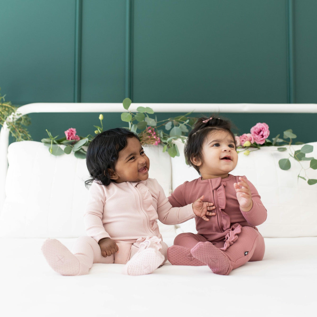 Ribbed Ruffle Bamboo Zipper Footie in Blush | Kyte Baby