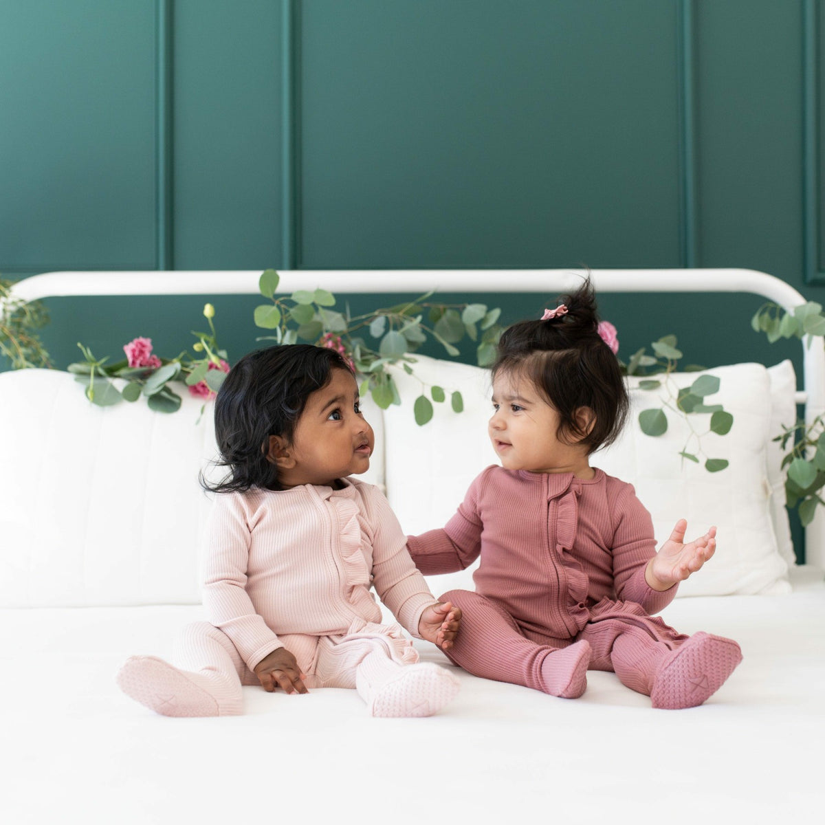 Ribbed Ruffle Bamboo Zipper Footie in Blush | Kyte Baby