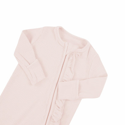 Ribbed Ruffle Bamboo Zipper Footie in Blush | Kyte Baby