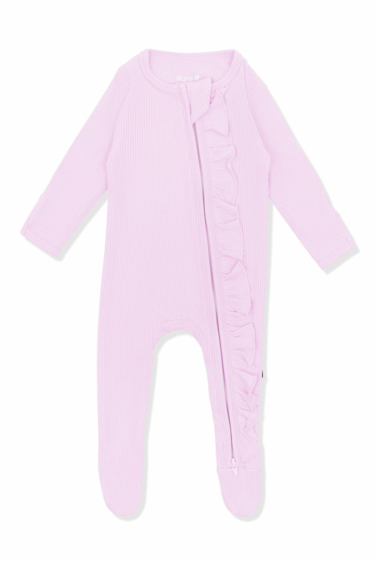 Ribbed Ruffle Zipper Footie in Thistle | Kyte Baby