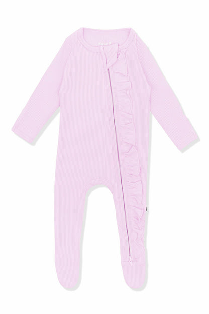 Ribbed Ruffle Zipper Footie in Thistle | Kyte Baby