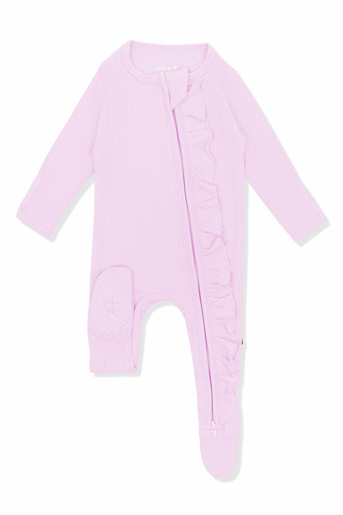 Ribbed Ruffle Zipper Footie in Thistle | Kyte Baby